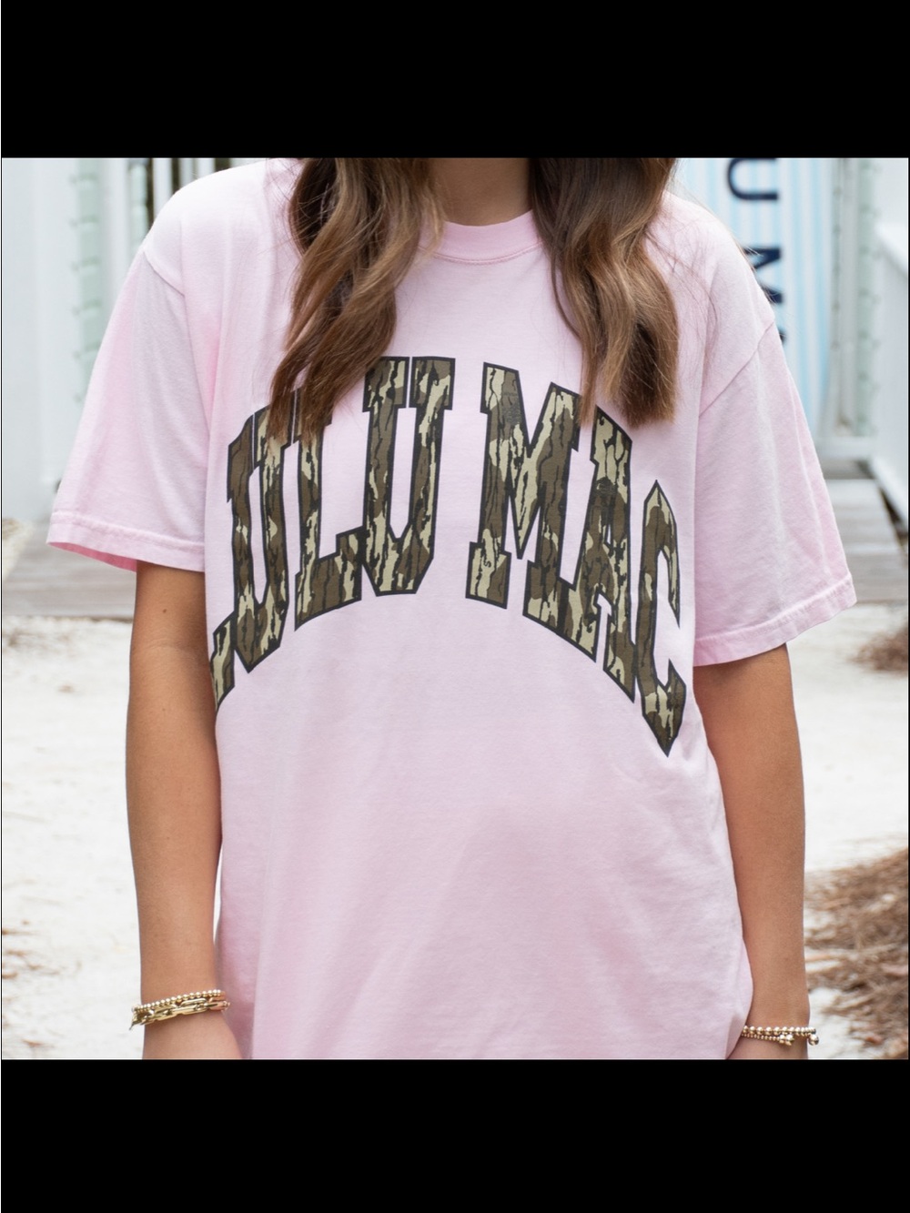 Lulu Mac Women's Light Pink Short Sleeve Tee with Camo Arch Logo
